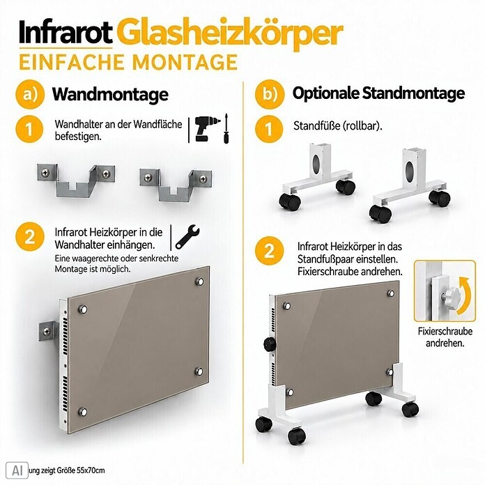 Admiral Infrarot-Glasheizkörper (45 x 120 cm, Beige/Grau, 850 W)