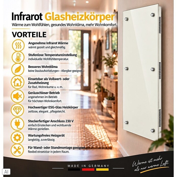 Admiral Infrarot-Glasheizkörper (45 x 120 cm, Weiß, 850 W)