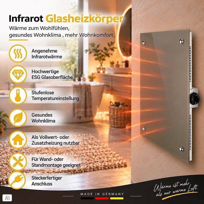 Admiral Infrarot-Glasheizkörper (50 x 50 cm, Beige/Grau, 350 W)