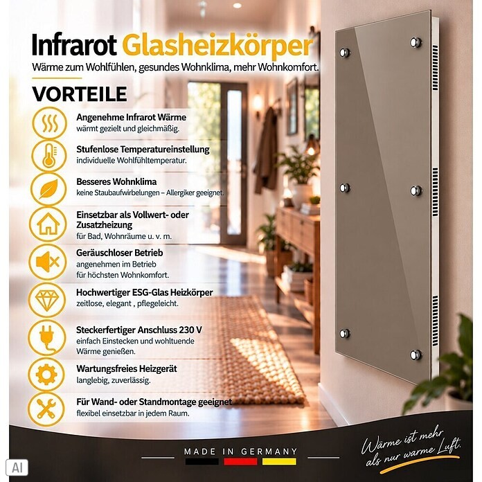 Admiral Infrarot-Glasheizkörper (45 x 120 cm, Beige/Grau, 850 W)