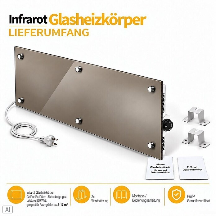 Admiral Infrarot-Glasheizkörper (45 x 120 cm, Beige/Grau, 850 W)