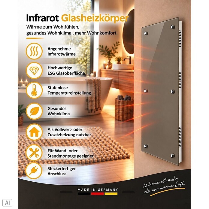 Admiral Infrarot-Glasheizkörper (45 x 120 cm, Beige/Grau, 850 W)