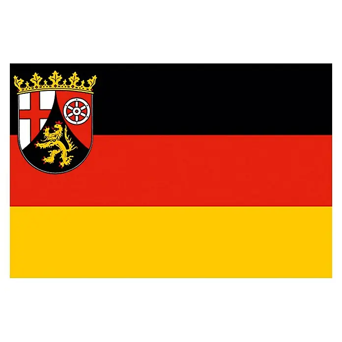 Flagge - Rheinland-Pfalz, 30 x 20 cm, Spunpolyester - Die Flagge von Rheinland-Pfalz mit den Landesfarben und dem Wappen, das das Mainzer Rad, den Löwen und das Kreuz zeigt.