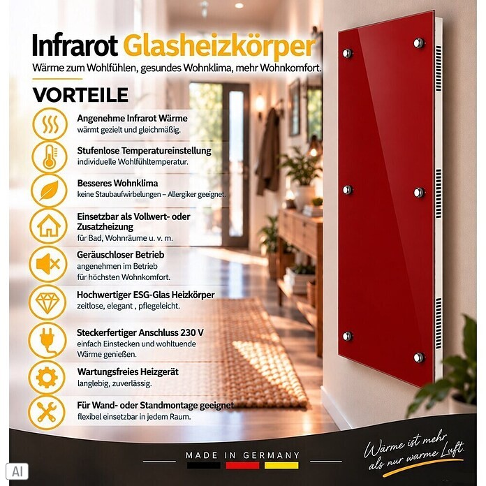 Admiral Infrarot-Glasheizkörper (45 x 120 cm, Rot, 850 W)
