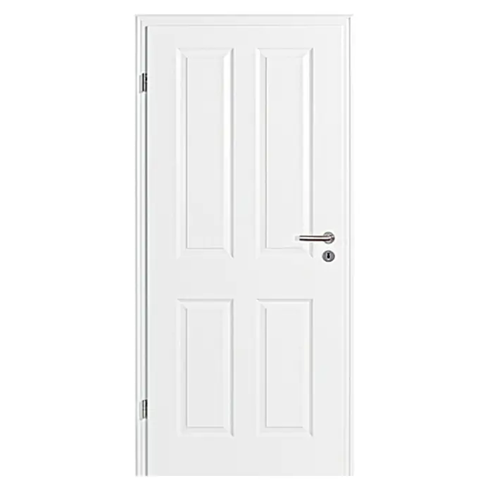 Kilsgaard Zimmertür 20/04 - 860 x 1.985 mm, DIN Anschlag: Links, Weiß lackiert, ähnlich RAL 9010, Vollspan - Weiße Innentür mit vier Feldern und silbernem Türgriff. Ideal für den Innenbereich und modernes Design.