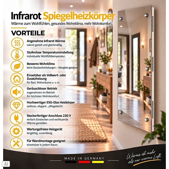 Admiral Infrarot-Glasheizkörper (45 x 120 cm, Spiegel, 850 W)