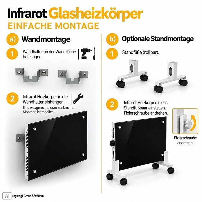 Admiral Infrarot-Glasheizkörper (45 x 120 cm, Schwarz, 850 W)