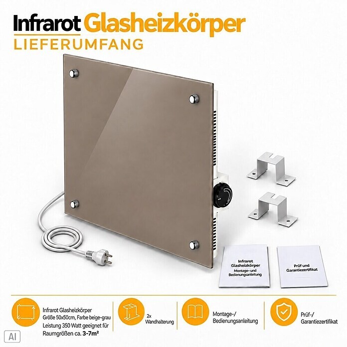 Admiral Infrarot-Glasheizkörper (50 x 50 cm, Beige/Grau, 350 W)