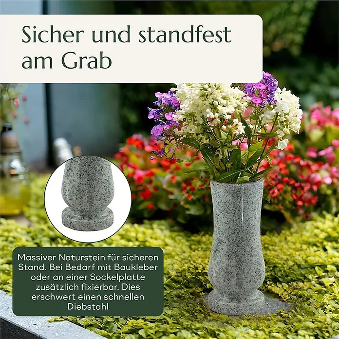 Grabvase Taille-medium, ØxH: 12x25 cm, Granit, Viscont White, Weiß-Grau -  - Graue Granit-Grabvase mit Blumen, sicher und standfest am Grab. Massiver Naturstein, fixierbar gegen Diebstahl.