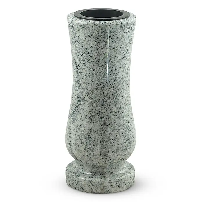 Grabvase Taille-medium, ØxH: 12x25 cm, Granit, Viscont White, Weiß-Grau -  - Graue gesprenkelte Granitvase mit schwarzem Inneneinsatz.