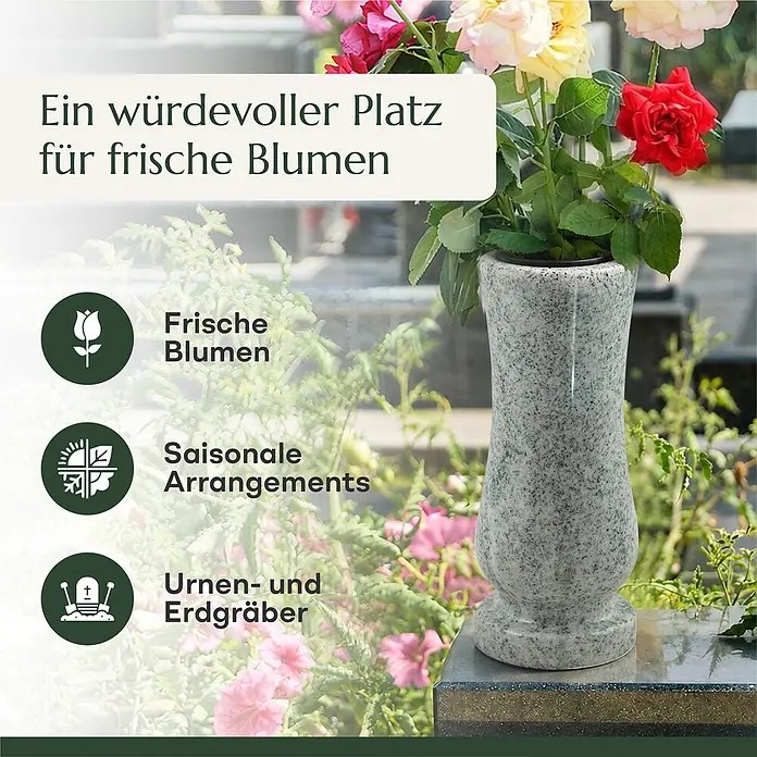 Grabvase Taille-medium, ØxH: 12x25 cm, Granit, Viscont White, Weiß-Grau -  - Graue Granitvase mit frischen Blumen, geeignet für Urnen- und Erdgräber.