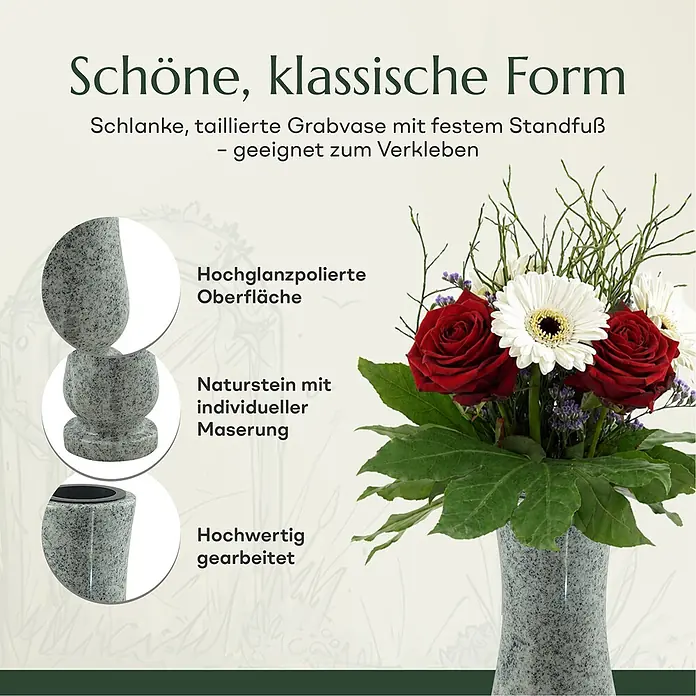 Grabvase Taille-medium, ØxH: 12x25 cm, Granit, Viscont White, Weiß-Grau -  - Schlanke, polierte Grabvase aus Naturstein mit individueller Maserung und festem Standfuß, mit Blumen.