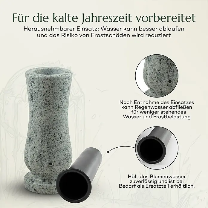 Grabvase Taille-medium, ØxH: 12x25 cm, Granit, Viscont White, Weiß-Grau -  - Graue gesprenkelte Steingrabvase mit herausnehmbarem schwarzen Kunststoffeinsatz für Frostschutz und einfachen Wasserablauf.