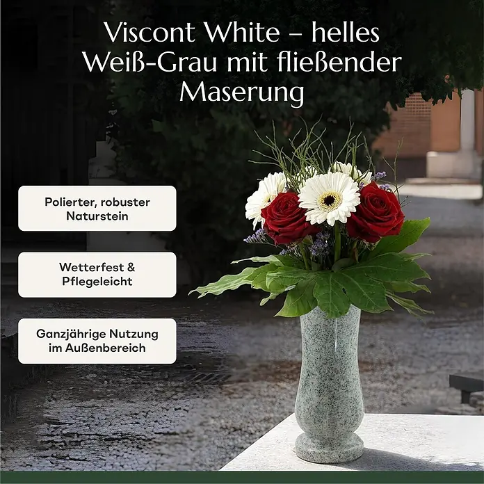 Grabvase Taille-medium, ØxH: 12x25 cm, Granit, Viscont White, Weiß-Grau -  - Polierte Grabvase aus hellem Viscont White Naturstein mit fließender Maserung.