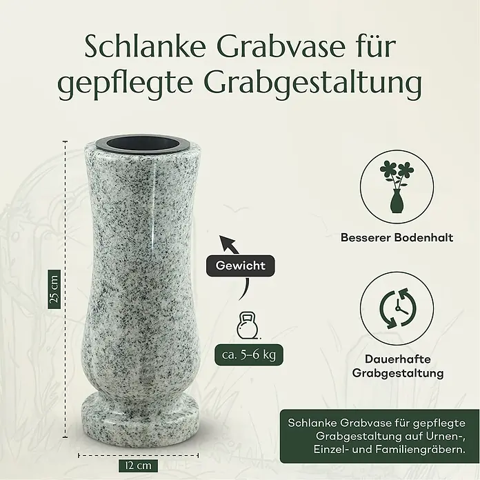 Grabvase Taille-medium, ØxH: 12x25 cm, Granit, Viscont White, Weiß-Grau -  - Schlanke Grabvase aus grauem Granit, 25 cm hoch, ca. 5-6 kg, für eine gepflegte Grabgestaltung.