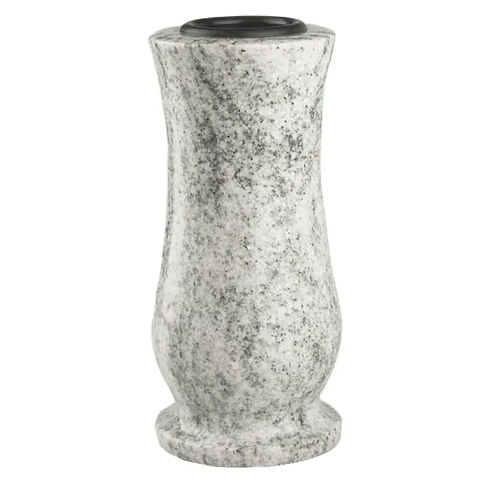 Grabvase Taille-medium, ØxH: 12x25 cm, Granit, Viscont White, Weiß-Grau -  - Gesprekelte grau-weiße Granitvase mit schwarzem Einsatz oben.