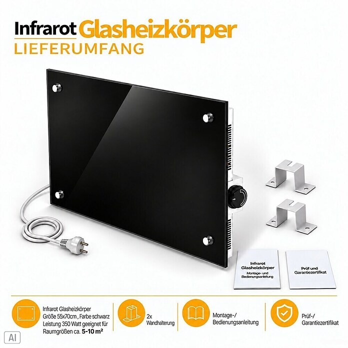 Admiral Infrarot-Glasheizkörper (70 x 55 cm, Schwarz, 500 W)