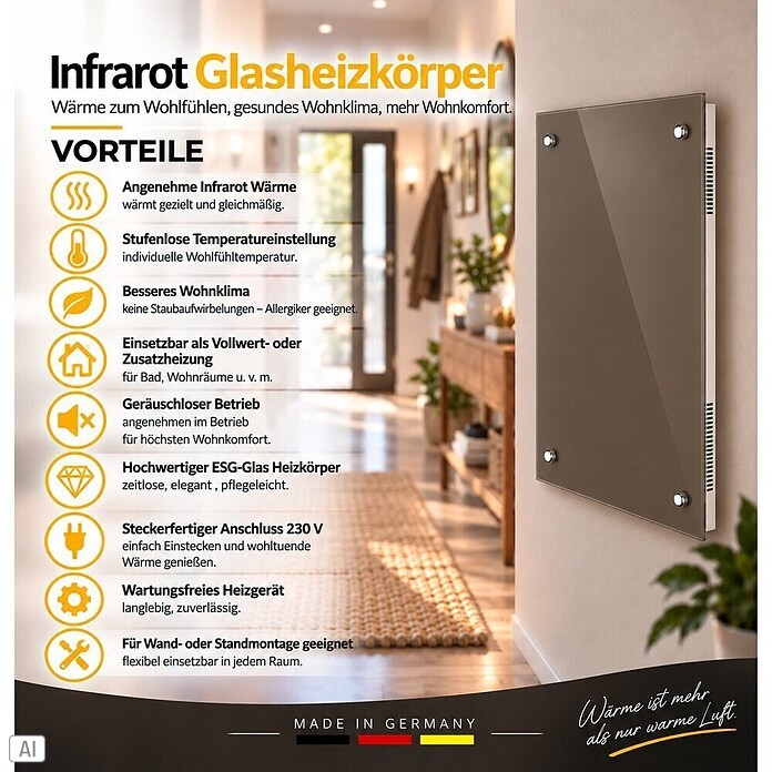 Admiral Infrarot-Glasheizkörper (70 x 55 cm, Beige/Grau, 500 W)