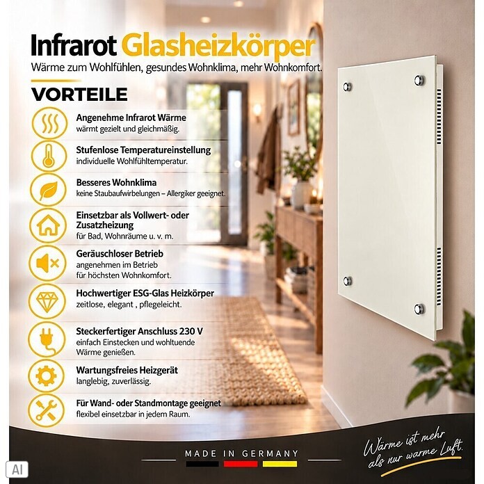 Admiral Infrarot-Glasheizkörper (70 x 55 cm, Weiß, 500 W)