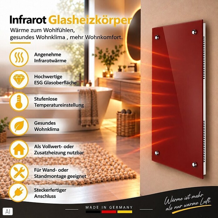 Admiral Infrarot-Glasheizkörper (70 x 55 cm, Rot, 500 W)
