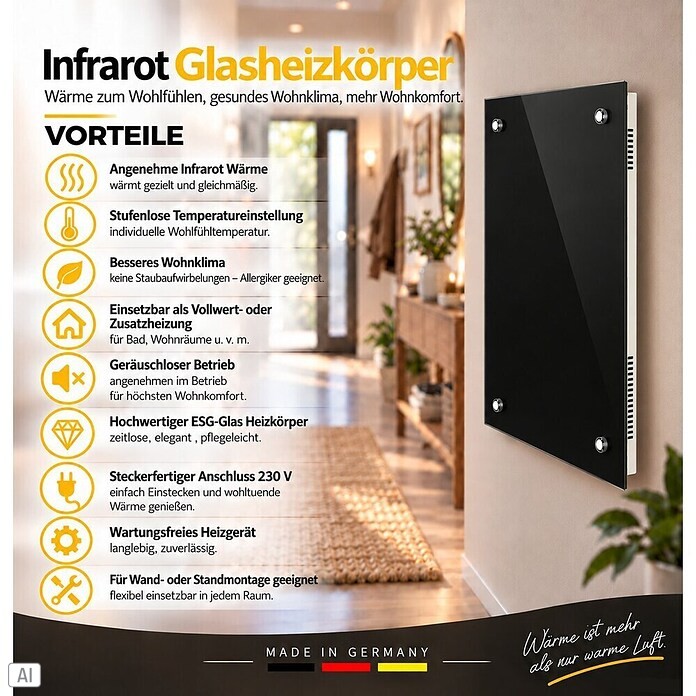 Admiral Infrarot-Glasheizkörper (70 x 55 cm, Schwarz, 500 W)