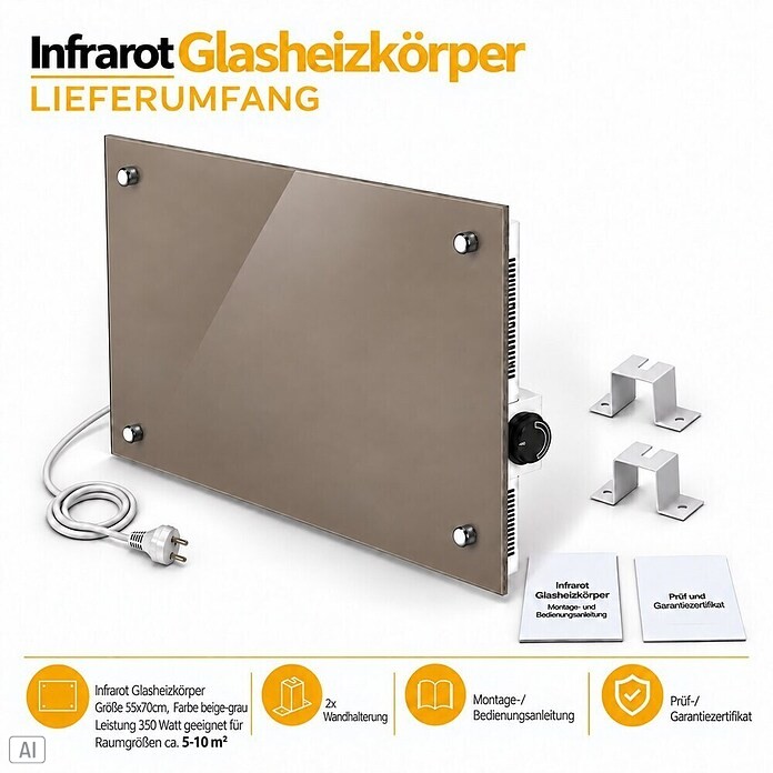 Admiral Infrarot-Glasheizkörper (70 x 55 cm, Beige/Grau, 500 W)
