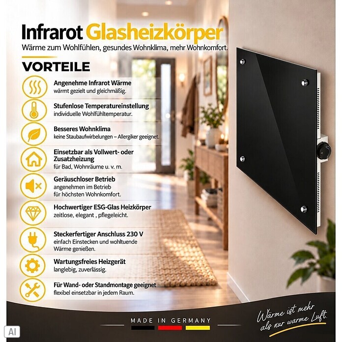 Admiral Infrarot-Glasheizkörper (50 x 50 cm, Schwarz, 350 W)