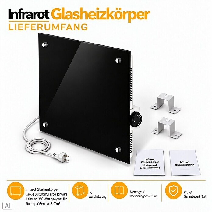 Admiral Infrarot-Glasheizkörper (50 x 50 cm, Schwarz, 350 W)