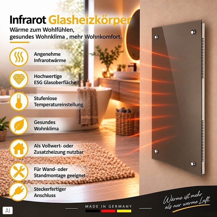Admiral Infrarot-Glasheizkörper (70 x 55 cm, Beige/Grau, 500 W)