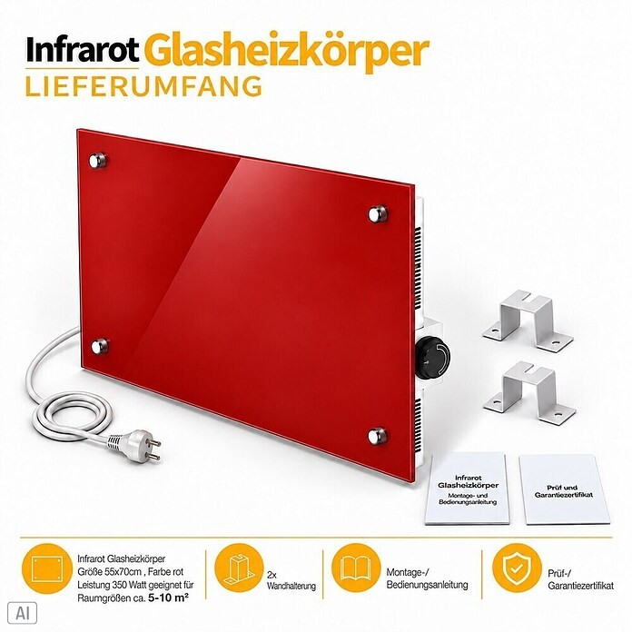 Admiral Infrarot-Glasheizkörper (70 x 55 cm, Rot, 500 W)