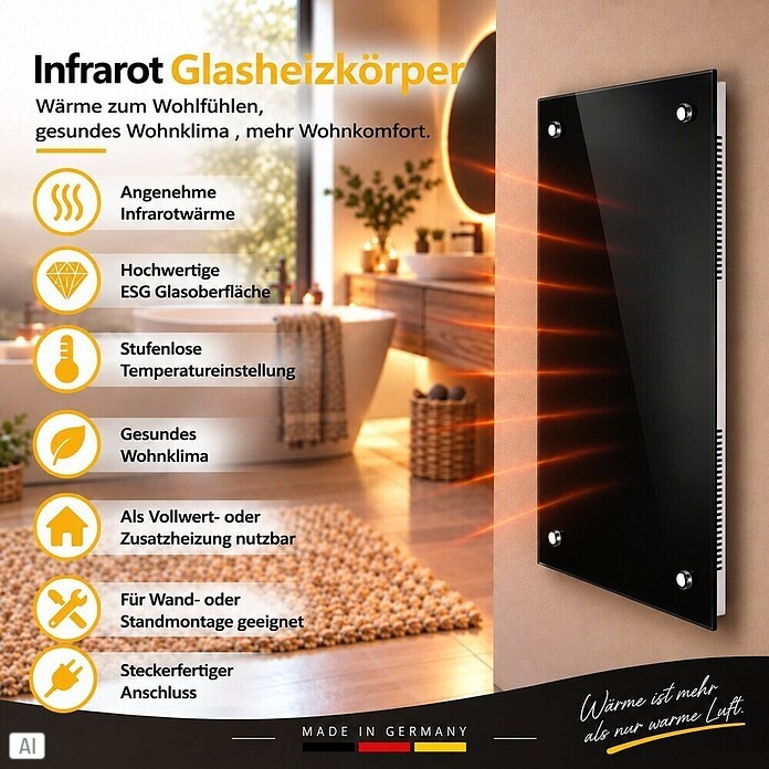 Admiral Infrarot-Glasheizkörper (70 x 55 cm, Schwarz, 500 W)