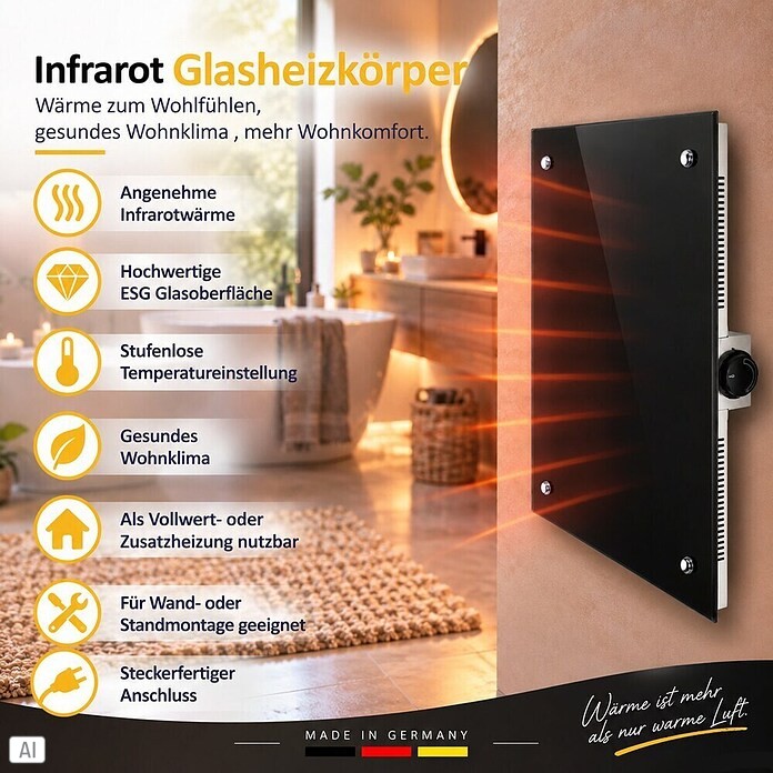 Admiral Infrarot-Glasheizkörper (50 x 50 cm, Schwarz, 350 W)