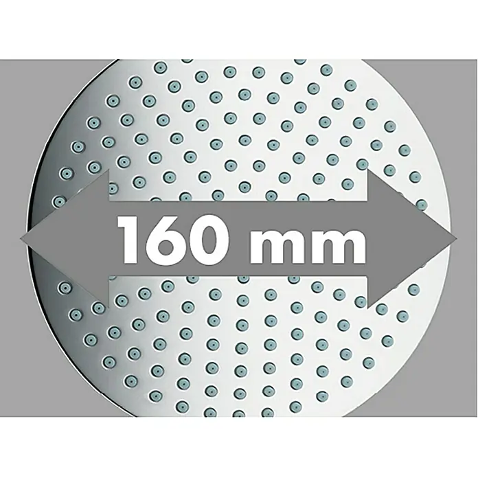 Hansgrohe Duschsystem Croma Showerpipe 160 - Mit Thermostatarmatur, Lochabstand: 93,2 cm, Anzahl Strahlarten: 4 Stk., Chrom, Höhe: 110,1 cm - Das Bild zeigt einen runden Duschkopf mit einer Größenangabe von 160 mm. Der Duschkopf hat viele kleine Düsen.