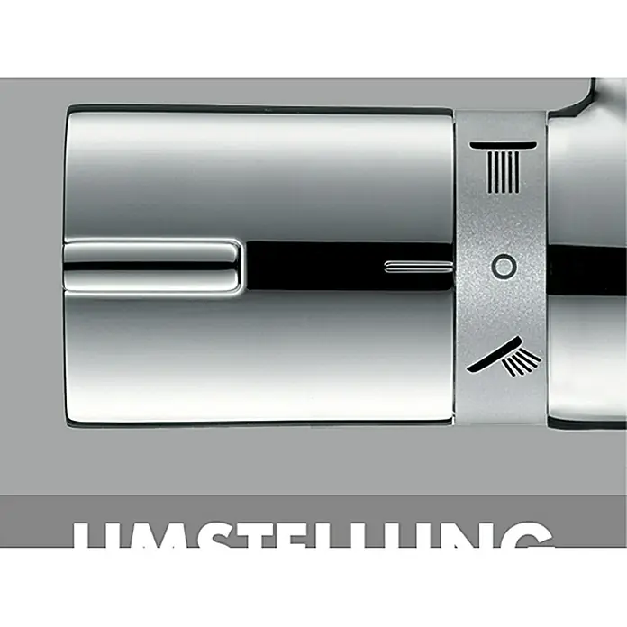 Hansgrohe Duschsystem Croma Showerpipe 160 - Mit Thermostatarmatur, Lochabstand: 93,2 cm, Anzahl Strahlarten: 4 Stk., Chrom, Höhe: 110,1 cm - Nahaufnahme eines glänzenden Thermostatventils mit Temperatur- und Wassermengeneinstellungen für eine präzise Steuerung.