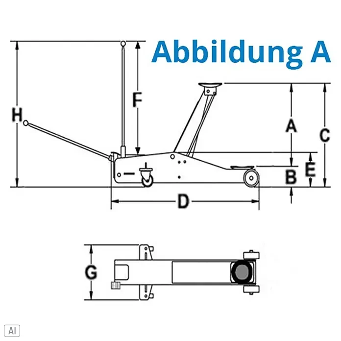 Güde Hydraulischer Rangierwagenheber GRH 2/800HD - Hubhöhe: 145 mm - 800 mm - Technische Zeichnung eines Wagenhebers mit Maßen, Seiten- und Draufsicht.