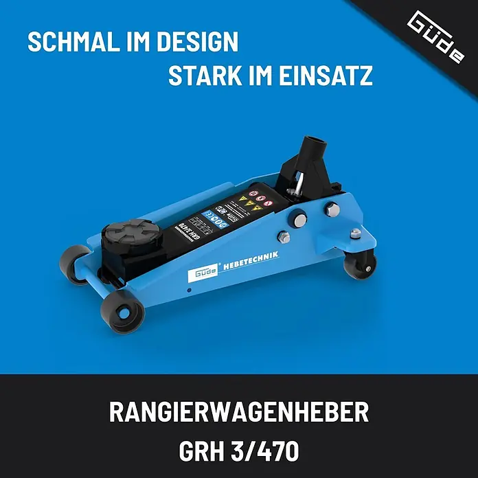 Güde Hydraulischer Rangierwagenheber GRH 3/470 - Hubhöhe: 130 mm - 465 mm - Blauer Güde GRH 3/470 Rangierwagenheber mit Rollen. Schmal im Design, stark im Einsatz.