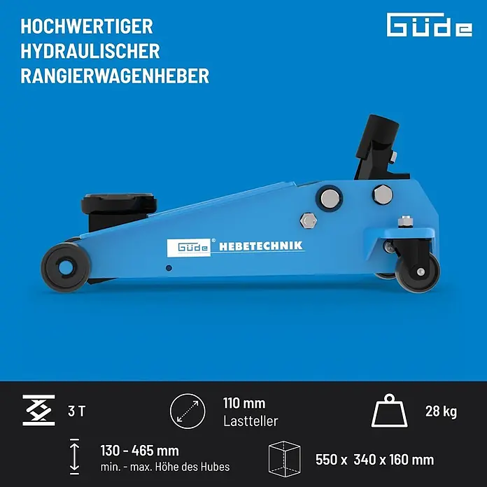 Güde Hydraulischer Rangierwagenheber GRH 3/470 - Hubhöhe: 130 mm - 465 mm - Ein blauer hydraulischer Rangierwagenheber.