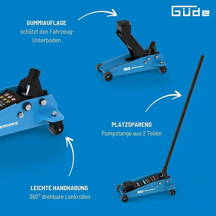 Güde Hydraulischer Rangierwagenheber GRH 3/470 - Hubhöhe: 130 mm - 465 mm - Ein blauer hydraulischer Wagenheber mit Gummi-Auflage, zweiteiliger Pumpstange und 360°-Lenkrollen.
