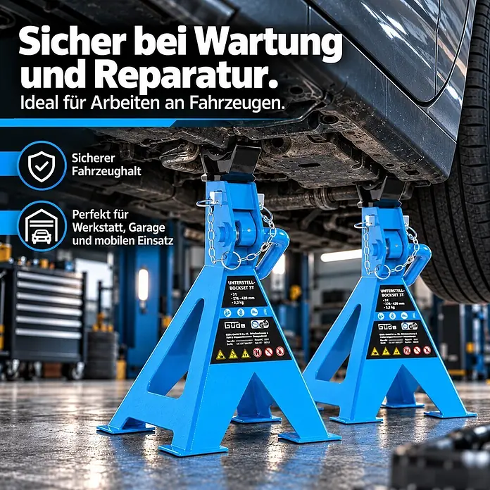 Güde Unterstellbock 3T - Gesamtumfang: 2 -tlg., Blau, Stahl - Blaue Metall-Unterstellböcke stützen sicher ein Fahrzeug für Wartungs- und Reparaturarbeiten.