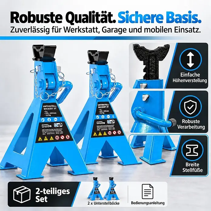 Güde Unterstellbock 3T - Gesamtumfang: 2 -tlg., Blau, Stahl - Zwei blaue 3T Unterstellböcke mit Höhenverstellung. Robuste Qualität für Werkstatt und Garage.