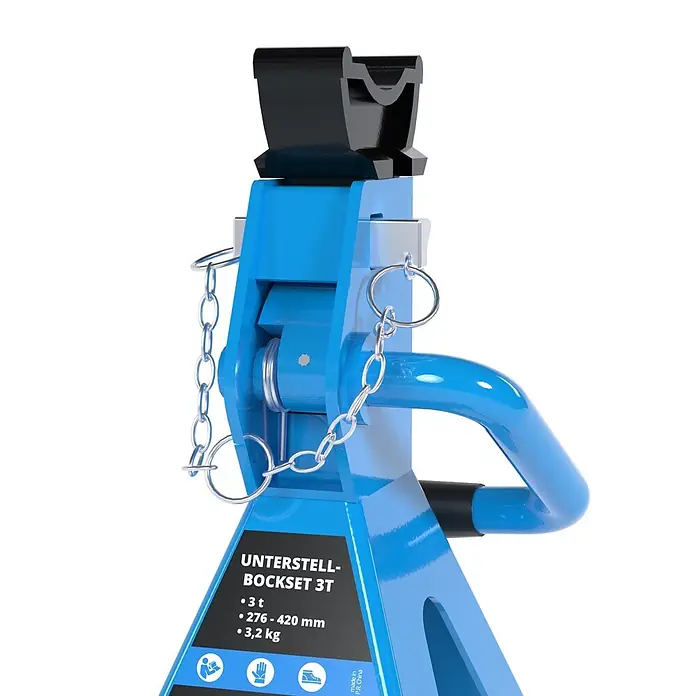 Güde Unterstellbock 3T - Gesamtumfang: 2 -tlg., Blau, Stahl - Blauer Unterstellbock aus Metall, 3 t Tragkraft, 276-420 mm verstellbar, 3,2 kg, mit Sicherungsstift und Kette.
