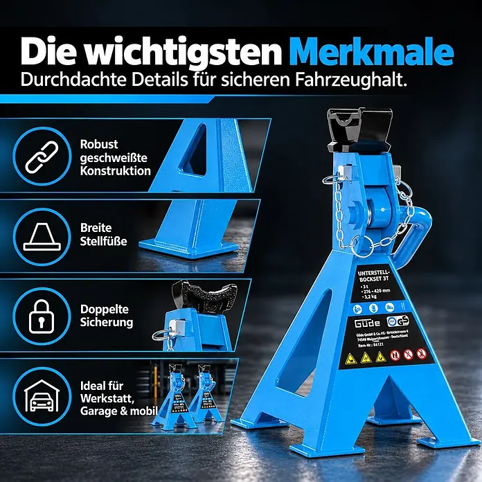 Güde Unterstellbock 3T - Gesamtumfang: 2 -tlg., Blau, Stahl - Blauer Fahrzeugunterstellbock mit robuster Konstruktion und Sicherheitsmerkmalen, geeignet für Werkstatt, Garage und mobil.