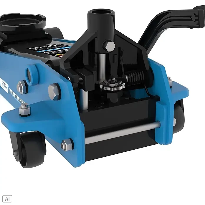 Güde Hydraulischer Rangierwagenheber GRH 3/500 Q - Hubhöhe: 145 mm - 500 mm - Ein blauer und schwarzer hydraulischer Wagenheber mit Rädern und sichtbarem Hebemechanismus zum einfachen Manövrieren und Anheben von Fahrzeugen.