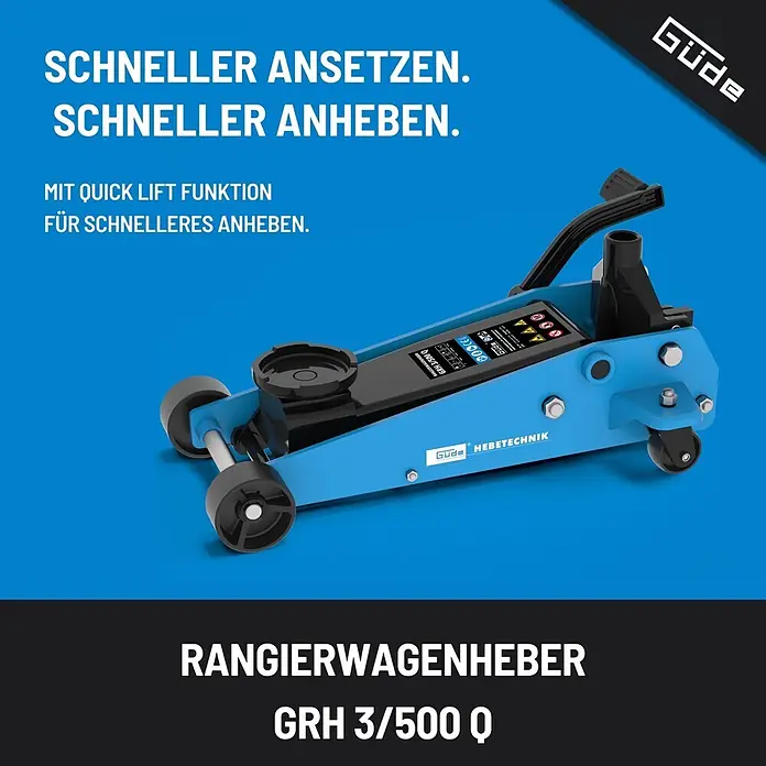 Güde Hydraulischer Rangierwagenheber GRH 3/500 Q - Hubhöhe: 145 mm - 500 mm - Blauer hydraulischer Rangierwagenheber mit Quick-Lift-Funktion.
