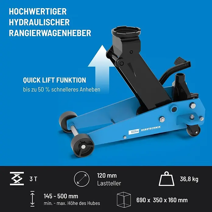 Güde Hydraulischer Rangierwagenheber GRH 3/500 Q - Hubhöhe: 145 mm - 500 mm - Güde blauer hydraulischer Rangierwagenheber mit Quick Lift Funktion.