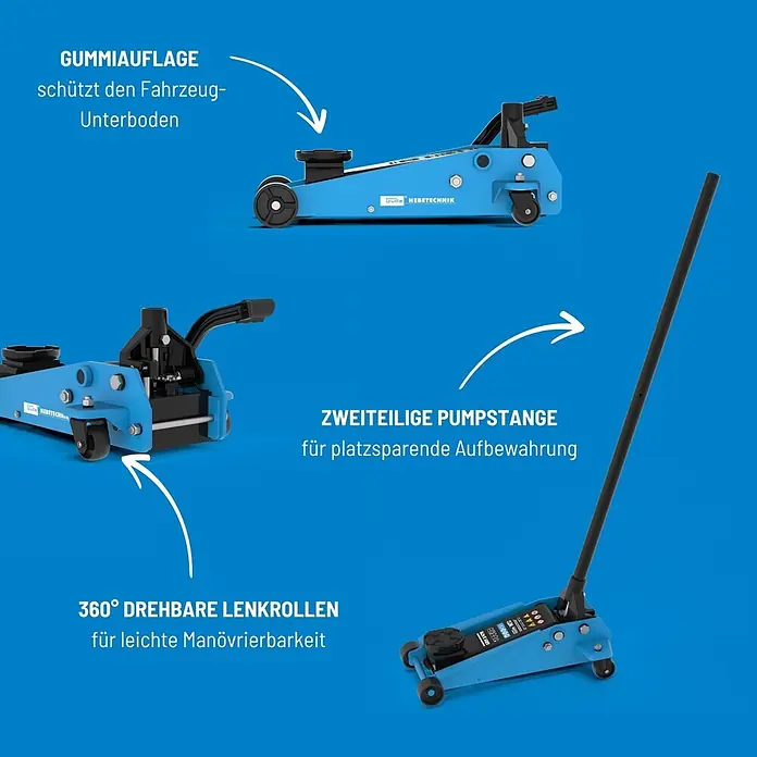 Güde Hydraulischer Rangierwagenheber GRH 3/500 Q - Hubhöhe: 145 mm - 500 mm - Ein blauer Hydraulik-Rangierwagenheber mit Gummi-Auflage, zweiteiliger Pumpstange und 360° Lenkrollen zum Fahrzeugheben.