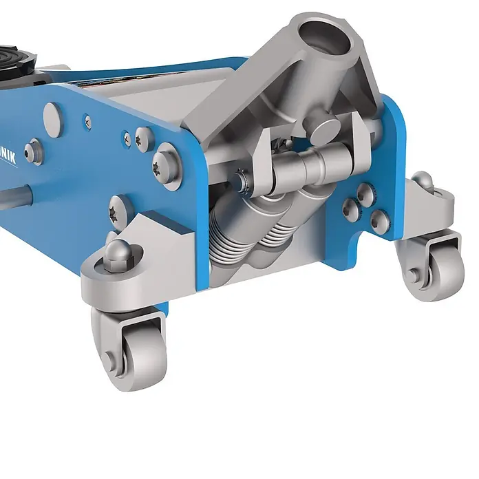 Güde Hydraulischer Rangierwagenheber GRH 2,5/460AL - Hubhöhe: 100 mm - 465 mm - Nahaufnahme eines blau-silbernen hydraulischen Wagenhebers mit Rollen, der die mechanischen Komponenten zeigt.