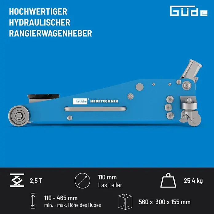 Güde Hydraulischer Rangierwagenheber GRH 2,5/460AL - Hubhöhe: 100 mm - 465 mm - Hochwertiger blauer Güde hydraulischer Rangierwagenheber.