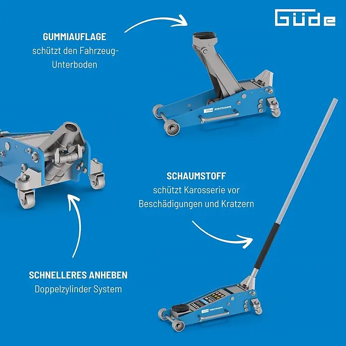 Güde Hydraulischer Rangierwagenheber GRH 2,5/460AL - Hubhöhe: 100 mm - 465 mm - Blauer hydraulischer Wagenheber auf Rollen, mit Gummiauflage und Schaumstoffschutz am Griff, zeigt Doppelzylinder-Hebesystem.