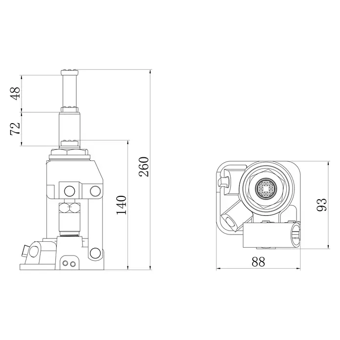 Güde Hydraulischer Flaschenwagenheber GSH 2T - Hubhöhe: 150 mm - 260 mm - Technisches Zeichnung einer Ventil-Steuerungskomponente mit Maßangaben.